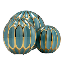  Geometric Turquoise & Brass Ceramic Orbs, Set of 3