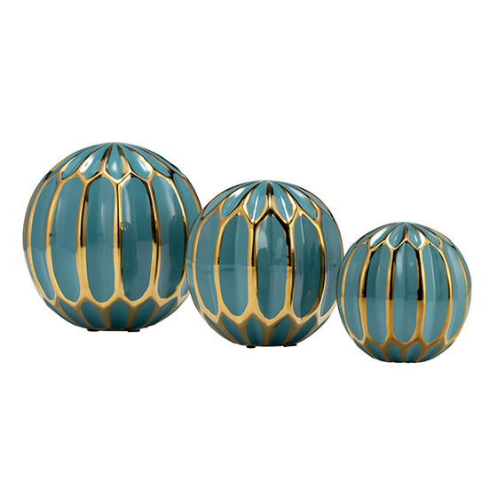 Geometric Turquoise & Brass Ceramic Orbs, Set of 3