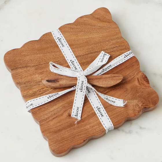 Square Scalloped Cheese Board with Spreader, Small